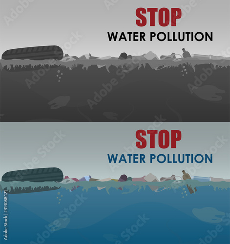 Stop water pollution illustration. Stock vector. Different garbage and slime in the water. Eco concept. Trash emission and water pollution horizontal banners with text.