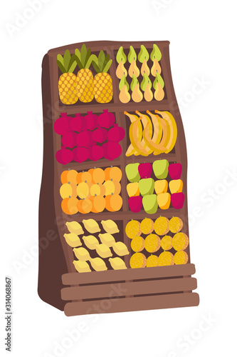 Vector colorful illustration of a wooden stand with fruits in the style of hand draw on a white background isolated. Pineapples, pears, pomegranates, bananas, apples, peaches, lemons and oranges.