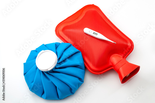 Obraz na plátne Influenza or flu traditional remedies conceptual idea with blue ice pack, red ru