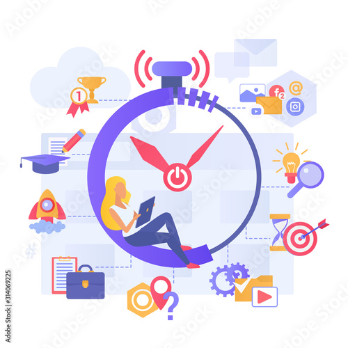 Time management flat vector illustration. Planning daily tasks. Scheduling monthly routine. Organizing work and study. Countdown, timetable. Process stages. Woman cartoon character