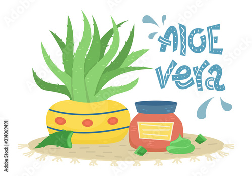 Cream in a jar with aloe Vera and Aloe vera plant in a pot. Creative vector illustration with lettering.
