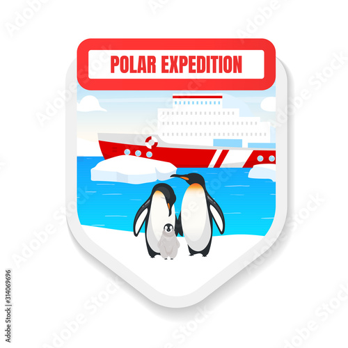 Polar expedition flat color vector badge. Animal rescue. Penguin observation. Boat cruise. Toursim, journey. Antarctica exploration graphic sticker. Toursim isolated cartoon design element