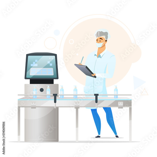 Cosmetics manufacturing process flat color vector illustration. Male production line supervisor. Quality control. Bottles on conveyor. Factory worker. Isolated cartoon character on white background