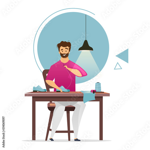 Shoemaker flat color vector illustration. Handicraft shoemaking process. Shoe manufacturer. Handmade footwear. Man making shoes. Isolated cartoon character on white background