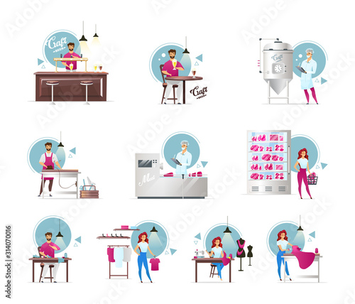 Craft beer and meat production flat vector illustrations set. Furniture manufacturing. Shoes and clothing industry. Handmade items. Factory workers. Butcher's store. Isolated cartoon characters