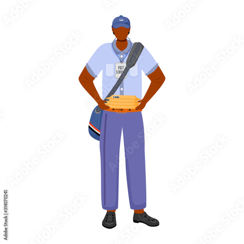 Post office male worker flat color vector illustration. African american man distributes parcels. Post service. Employee in american post uniform isolated cartoon character on white background