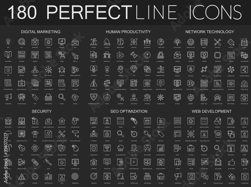 180 modern thin line icons on dark black background set. Digital marketing, human productivity, network technology, cyber security, SEO optimization, web development