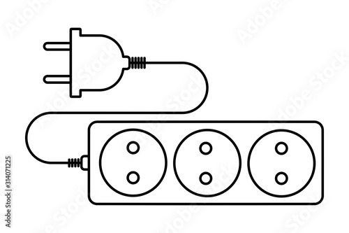 Electricity plug and socket. Outline thin line flat illustration. Isolated on white background. 