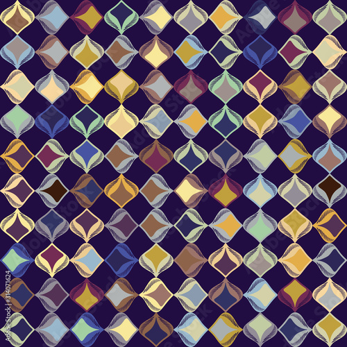 Dark stylized leaf mosaic vector seamless pattern. Hand drawn art deco style geometric square background. Trendy masculine vintage shirting fashion swatch. Moody decorative tile paper all over print. 