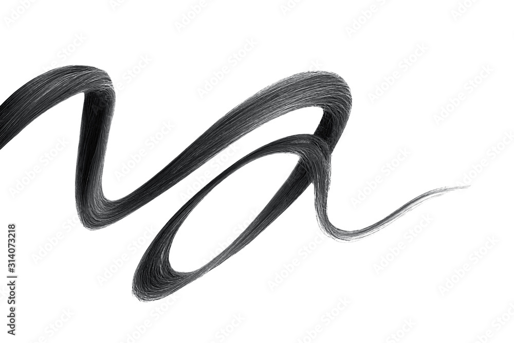 Fototapeta premium Black hair on white background, isolated. Thin curly thread