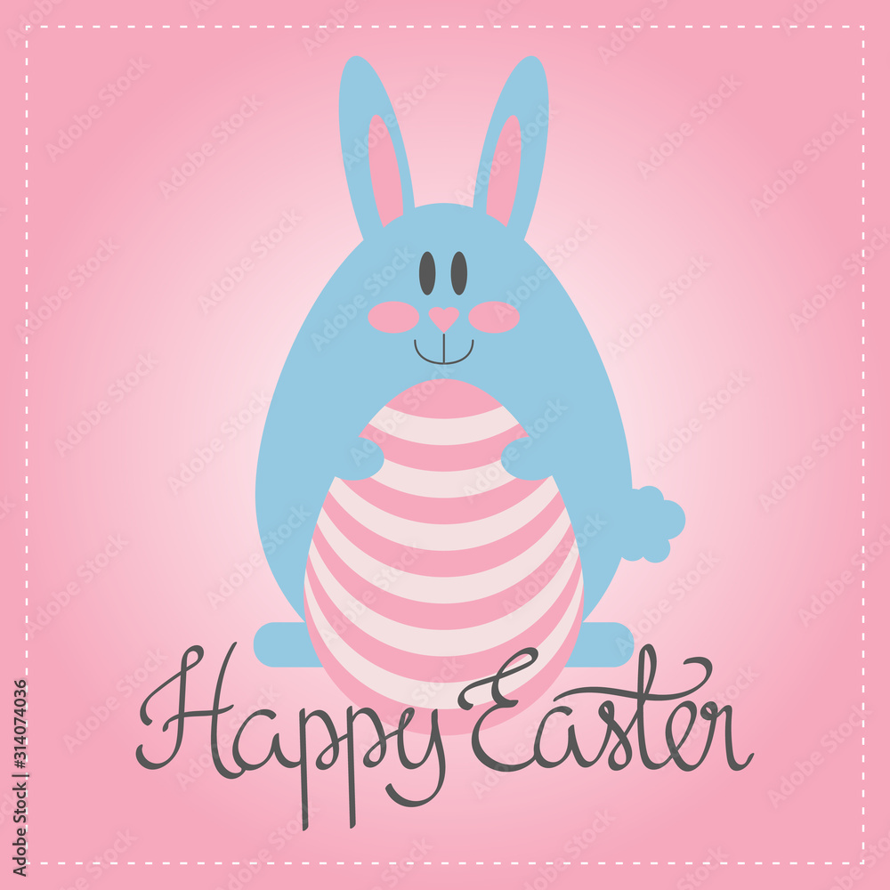 Pink Easter greeting card with blue rabbit and pink easter egg. Happy Easter image Pink Easter greeting card with blue rabbit and pink easter egg. Happy Easter image