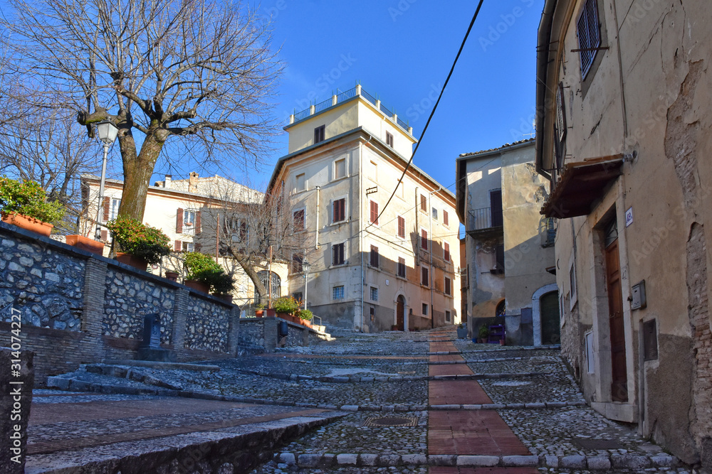 View of a small square in a mountain town in the Lazio region, Italy