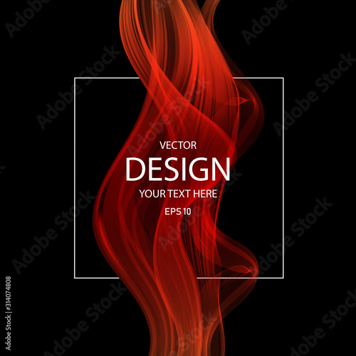 Vector abstract background. Red transparent wave of smoke on a black background, text frame.