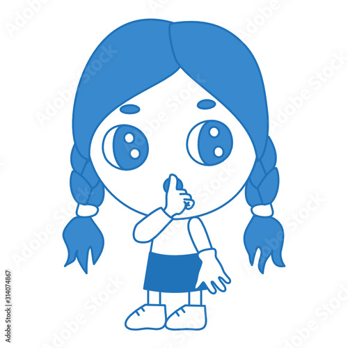 emoji with character shushing shh h to politely tell people to shut up and be quiet to keep silence, girl in blue color using finger on mouth gesture to stop talking, simple hand drawn emoticon