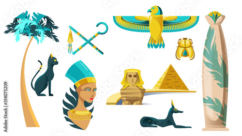 Ancient Egypt symbols. Vector icons set of sculptures of egyptian gods, sphinx, pyramid and signs of pharaoh power. Historical architecture, palm, golden scarab and Cleopatra statue