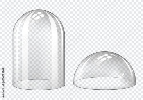 Glass dome, clear plastic bell jar isolated on transparent background. Vector realistic mockup of empty protection cover, hemisphere and cylinder shape exhibition display case