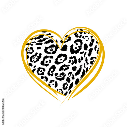 Black leopard pattern in the shape of a heart with orange contours. Concept for fashion design, web, card, postcard. Print for t-shirt or other clothes, fabric, wallpaper.