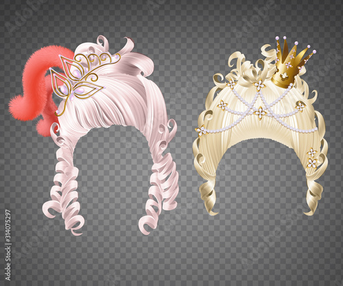 Girl curly wig, women rococo hairstyle. Vector set of realistic vintage princess hairstyle with feather, crown, beads for wedding or carnival isolated on transparent background
