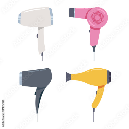 Hair dryer vector cartoon illustration set isolated on a white background.