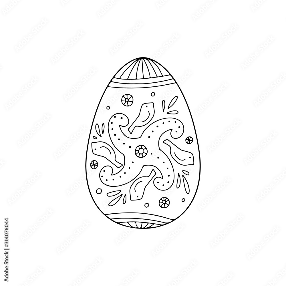 Hand drawn Easter egg with birds, circles , leaves doodle ornament, decorative elements in vector for coloring book. Best for decoration, logo, symbol, print, scrapbooking, greeting card, invitation Hand drawn Easter egg with birds, circles , leaves doodle ornament, decorative elements in vector for coloring book. Best for decoration, logo, symbol, print, scrapbooking, greeting card, invitation