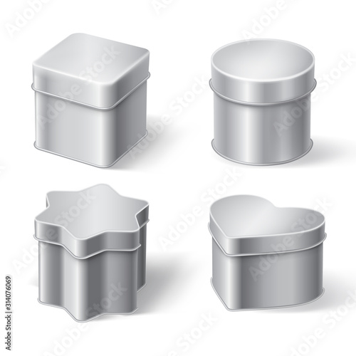 Metal tin boxes for tea, coffee or candies. Vector realistic mockup of round, square, star and heart shape cans for packaging dry products, biscuits and sweets isolated on white background