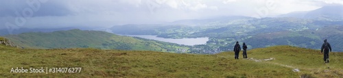 Panorama of Lake District with hikers