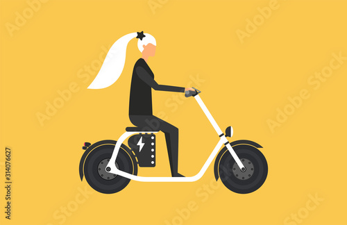 Cartoon picture with woman riding fast modern electric scooter. Female. Enjoying futuristic bike ride. Flat style vector illustration. Yellow background. photo