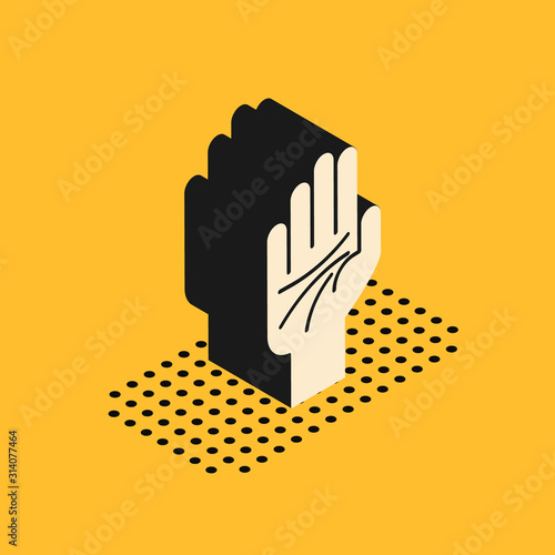 Isometric Palmistry of the hand icon isolated on yellow background. Vector Illustration
