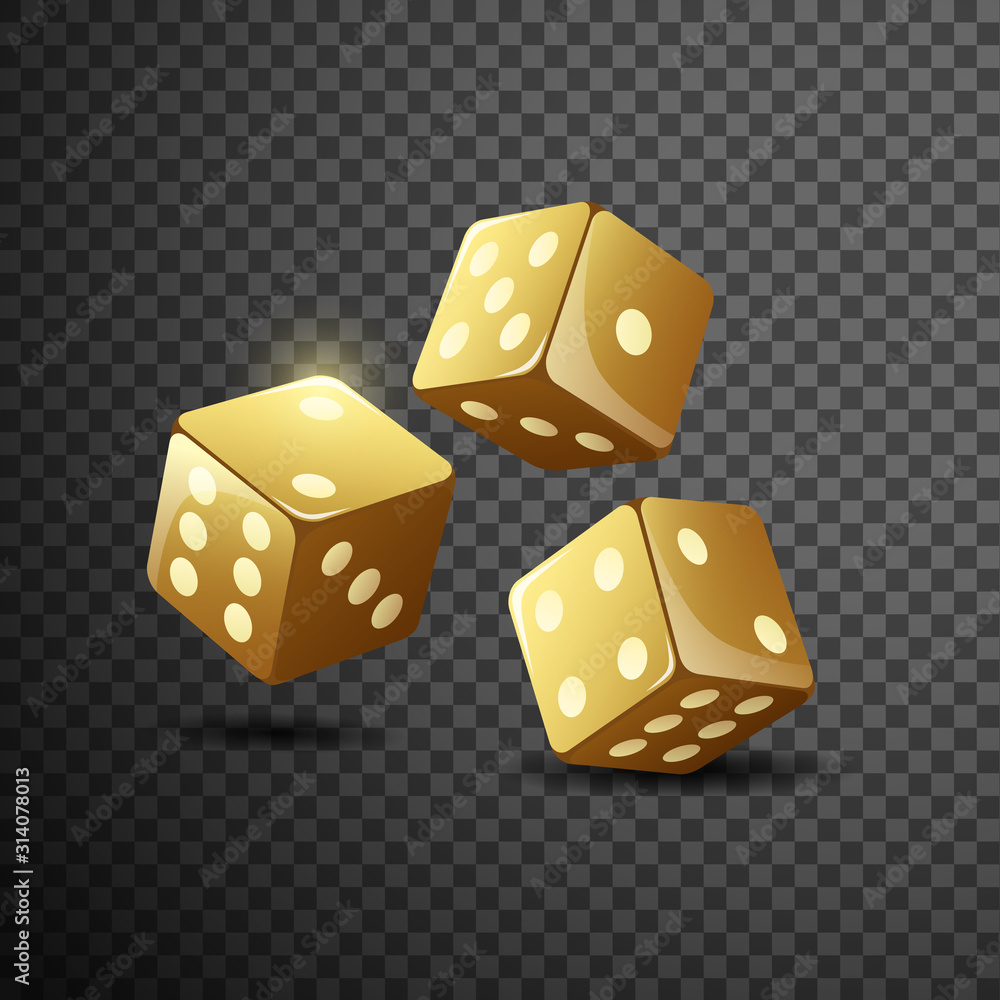 Gold dice on isolated transparent black background. Vector illustration 