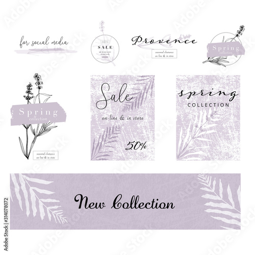 Elegant social media trendy feminine dusty lavender floral elements and templates