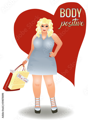 Body positive plus size  blonde woman with shopping bags, vector illustration