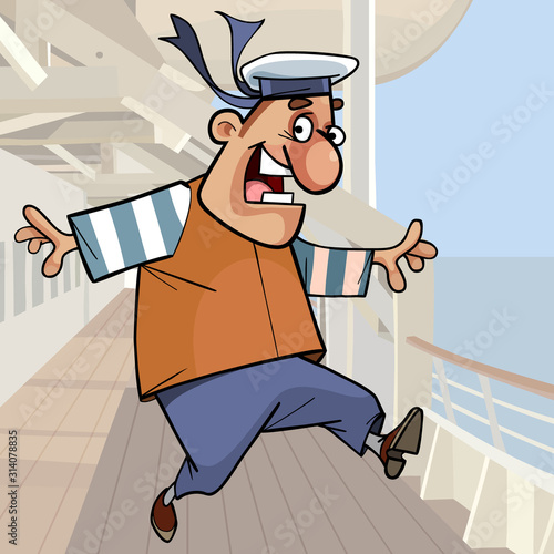 cartoon funny sailor having fun on deck of ship