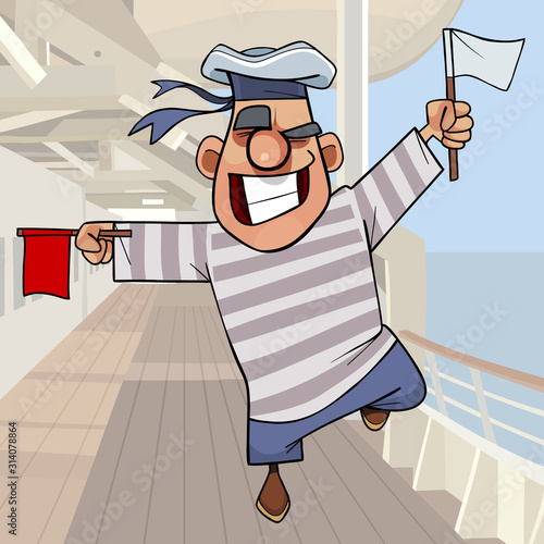 cartoon funny sailor with flags in hands on deck of ship