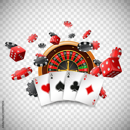 Casino roulette wheel with chips poker, playing cards and red dice on isolated transparent background. Vector illustration