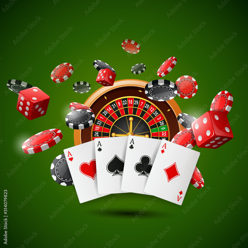 Trekken klok kabel Stockvector Casino roulette wheel with chips poker, playing cards and red  dice on sparkling green background. Vector illustration | Adobe Stock