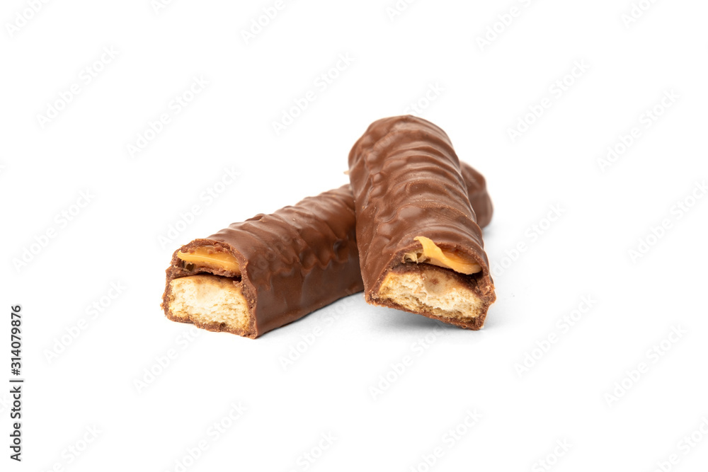 Shortbread stick with caramel in chocolate isolated on white background. Shortbread stick with caramel in chocolate isolated on white background.