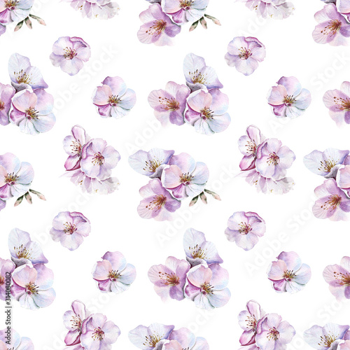 Fototapeta Naklejka Na Ścianę i Meble -  Watercolor seamless pattern with cherry blossomimg. Ideal for wedding, textile, gift wrapping paper, apparel, home decor