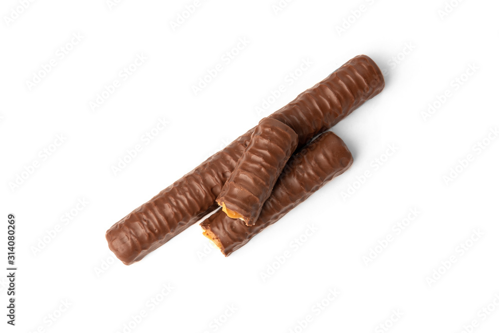 Shortbread stick with caramel in chocolate isolated on white background.