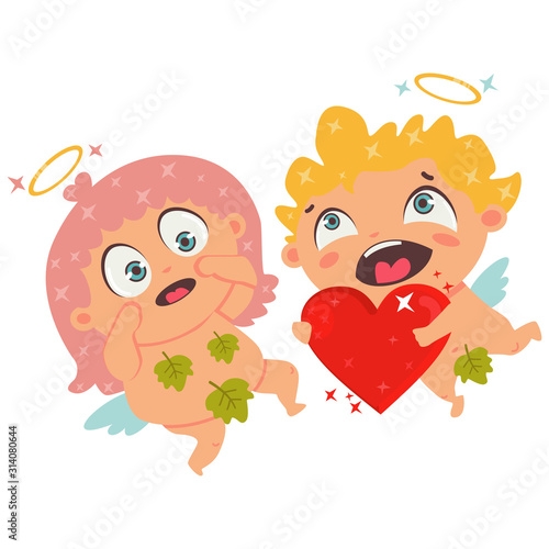 Couple in love Cupid and red heart. Valentine's Day symbol. Cartoon vector illustration isolated on a white background.