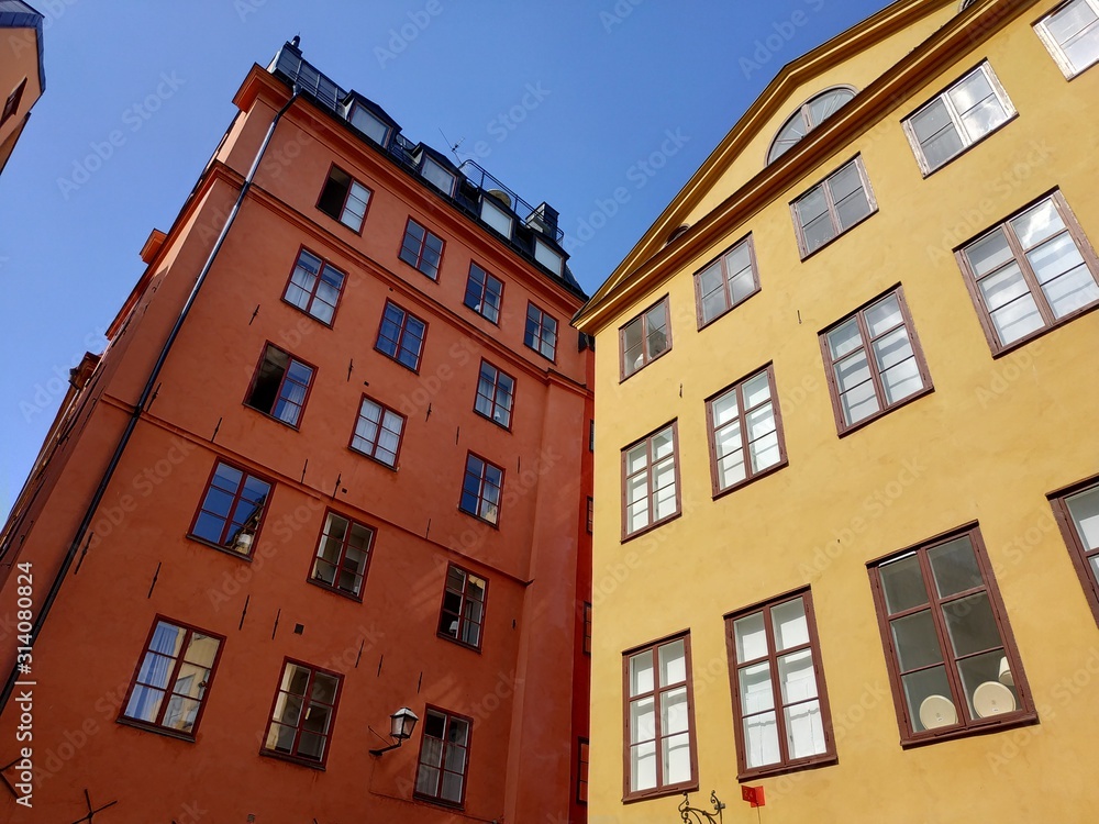 Casual view on the buildings facade and decoration on the streets of Stockholm, Sweden