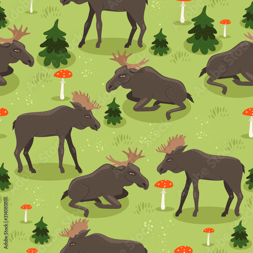 Seamless pattern with moose, fly agaric and spruces. Vector graphics.