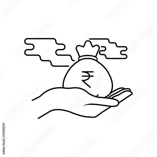 Hand holds money bag. Indian rupee sign. Outline thin line flat illustration. Isolated on white background. 