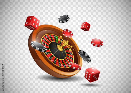 Casino roulette wheel with chips poker and red dice on isolated transparent background. Vector illustration 