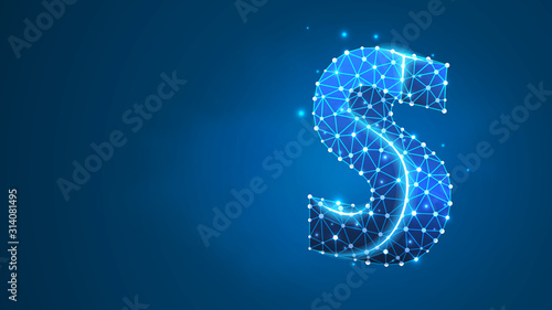 Alphabet letter S. Design of an Uppercase english letter. Banner, template or a pattern. Abstract digital wireframe, low poly mesh, vector blue neon 3d illustration. Triangle, line dot
