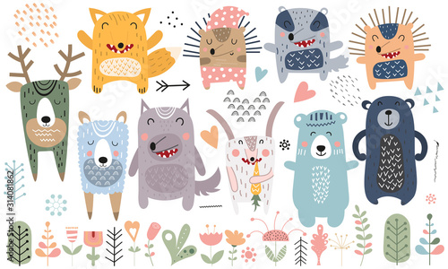 Cute scandinavian animals. Hand drawn. Doodle cartoon animals for nursery posters, cards, t-shirts. Vector illustration. Bear, hedgehog, llama, fox, hare, wolf, deer, badger, flowers, tree and plants.