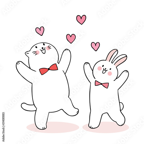 Cartoon cute Valentines day  cat and rabbit and hearts vector.