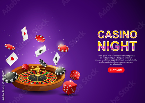 Casino roulette wheel with chips poker, playing cards and red dice on sparkling purple background. Vector illustration