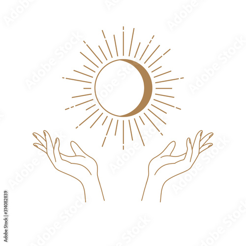 Vector abstract logo design template in trendy linear minimal style - hands , moon and sun - abstract symbol for cosmetics and packaging, jewellery, hand crafted or beauty products