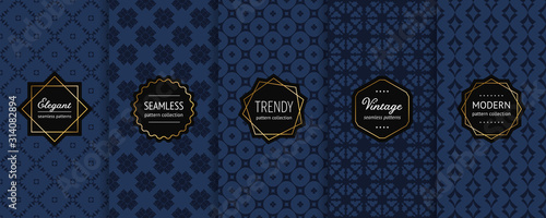 Luxury vector seamless pattern collection. Set of geometric background swatches with modern golden labels. Elegant abstract dark blue ornament textures. Premium design for decor, package, card, print