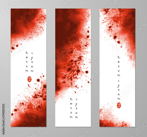 Three banners with abstract dark red ink wash painting and place for your text. Vector grunge illustration. Hieroglyph - pure light.